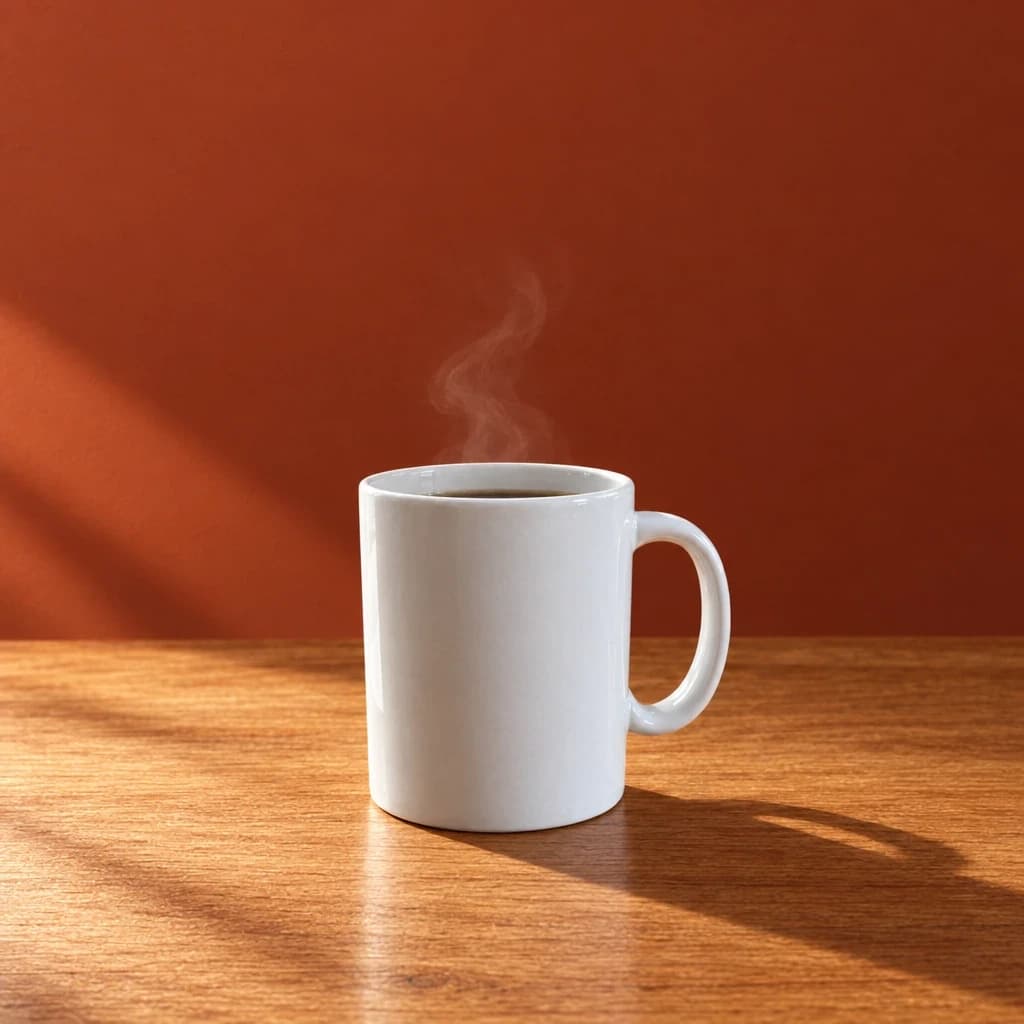 Restage this exact mug as an ecommerce ad scene: standing on a warm oak surface against a deep terracotta backdrop, hard key from the left w. Made with GPT Image 2.5 Flare