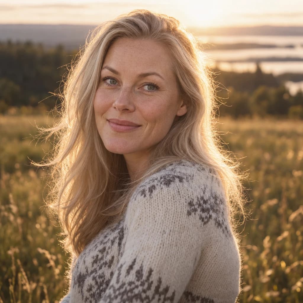A woman in her late twenties in a golden-hour field