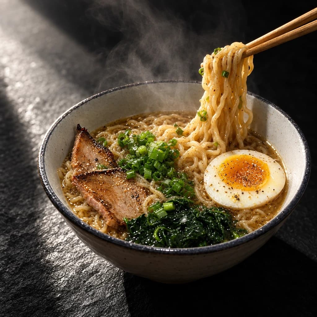 Restage this exact bowl as menu-ready food photography: dark slate surface, hard side light raking across the broth, steam caught in the bea. Made with GPT Image 2.5 Flare