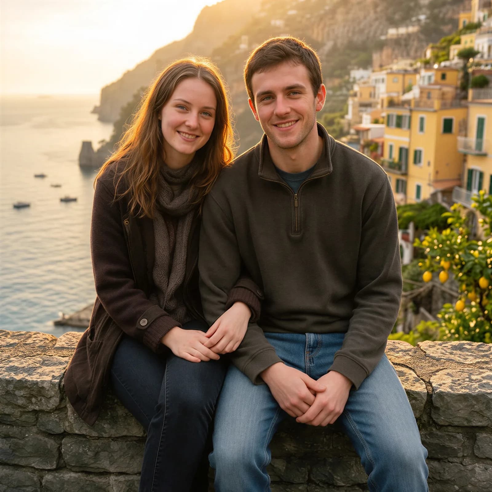 Couple moved from a car park to a sunlit coastline by description — after