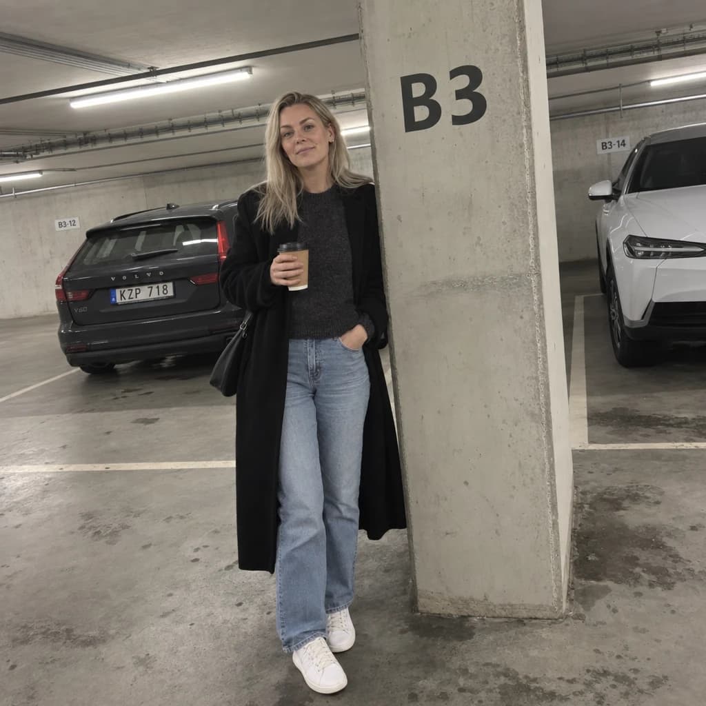 A woman holding a coffee in an underground car park, phone photo