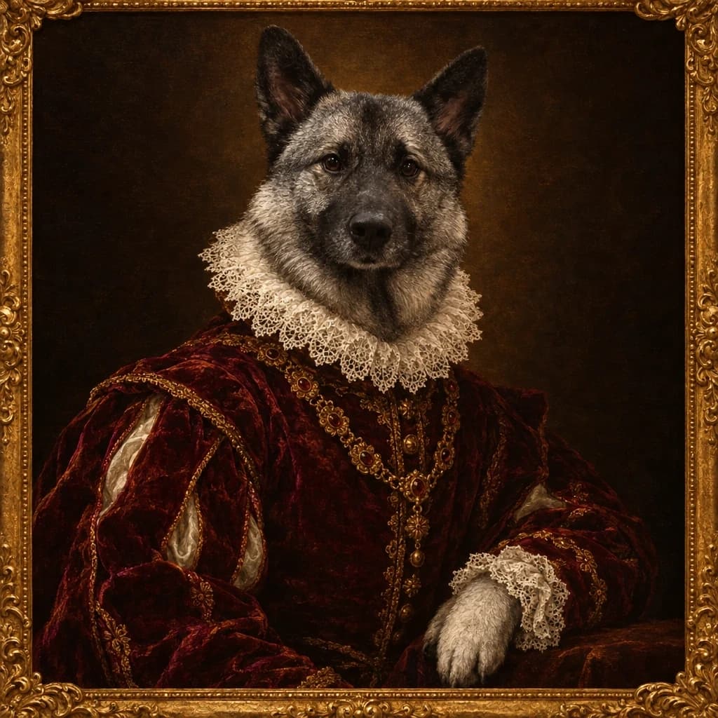 Repaint this exact dog as renaissance nobility in a velvet doublet and lace collar, oil-painting chiaroscuro, deep umber background, ornate . Made with GPT Image 2.5 Flare