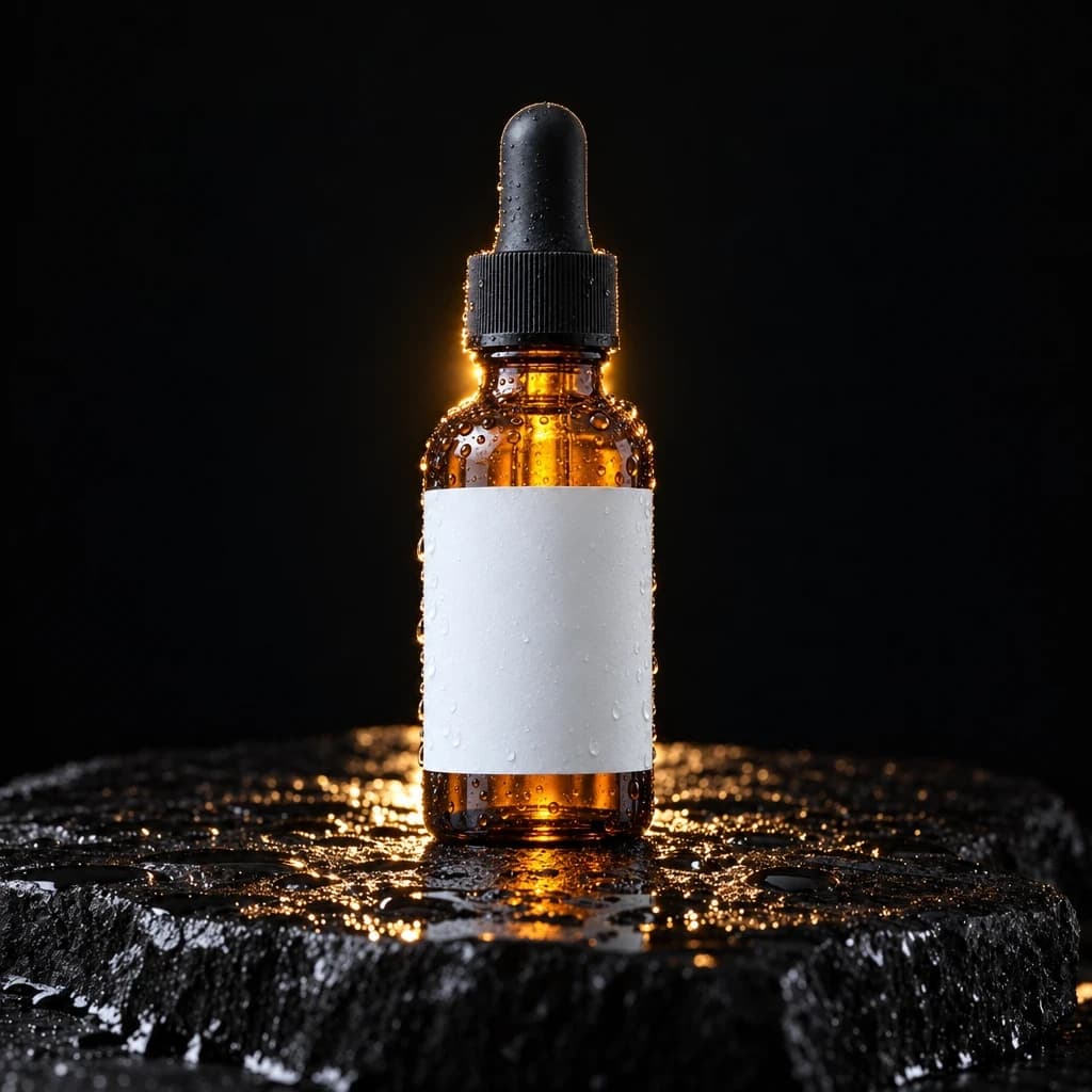 The same bottle restaged on wet black stone with a hard backlight, GPT Image 2.5 Sunburst