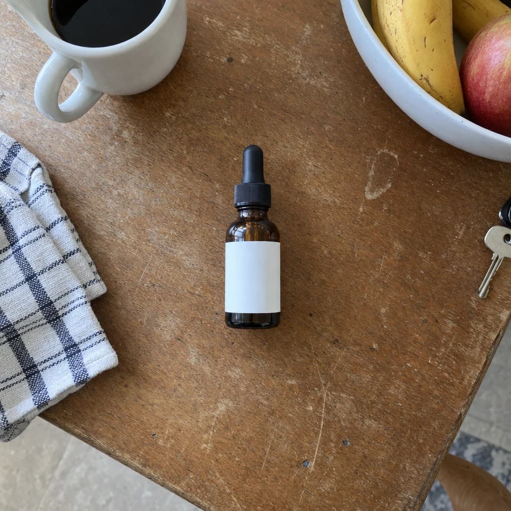 A serum bottle on a kitchen table, phone photo