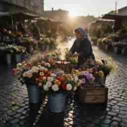 A 256px, heavily compressed phone photo of a flower market