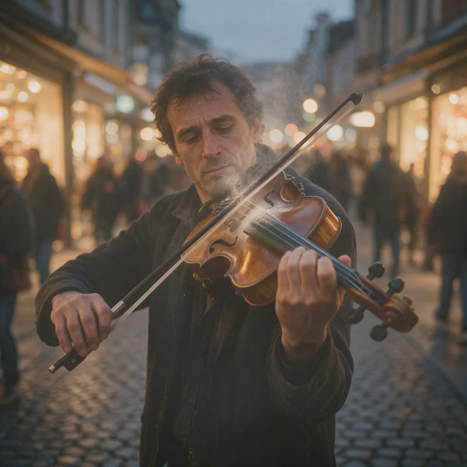 First frame of the violinist clip, enhanced 2× with SeedVR2 Video