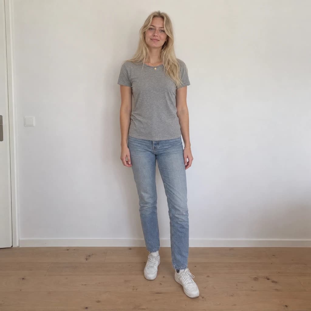 A woman in a grey T-shirt and jeans, phone photo
