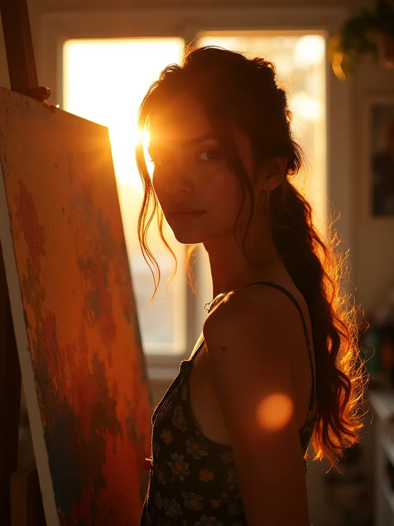 Golden hour portrait of a young artist in their studio