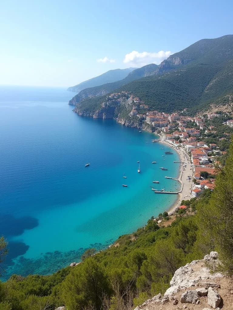 Scenic overlook of a coastal village with turquoise water