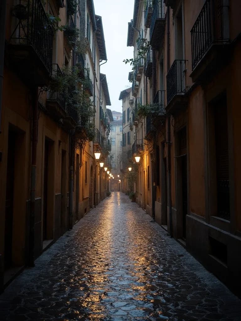 Atmospheric alleyway in a European city after rain