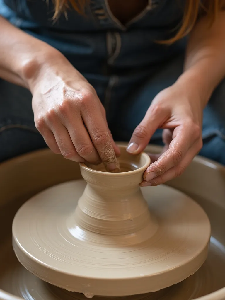Close-up of hands crafting pottery on a wheel