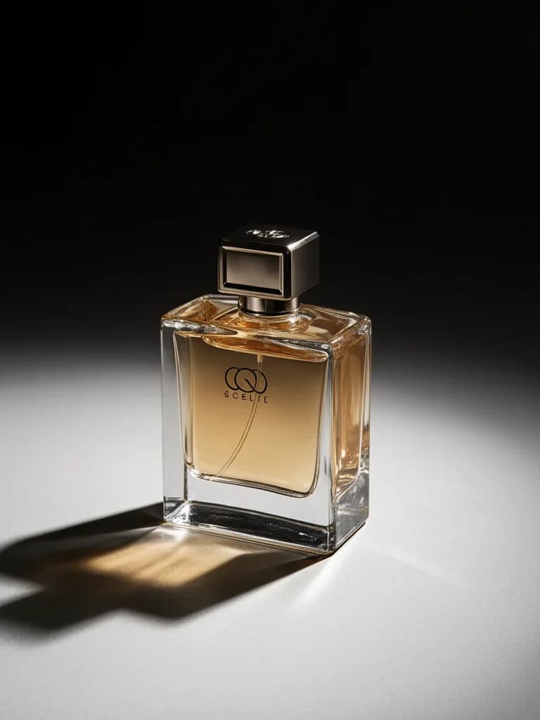 Product photography of luxury perfume bottle with dramatic shadows