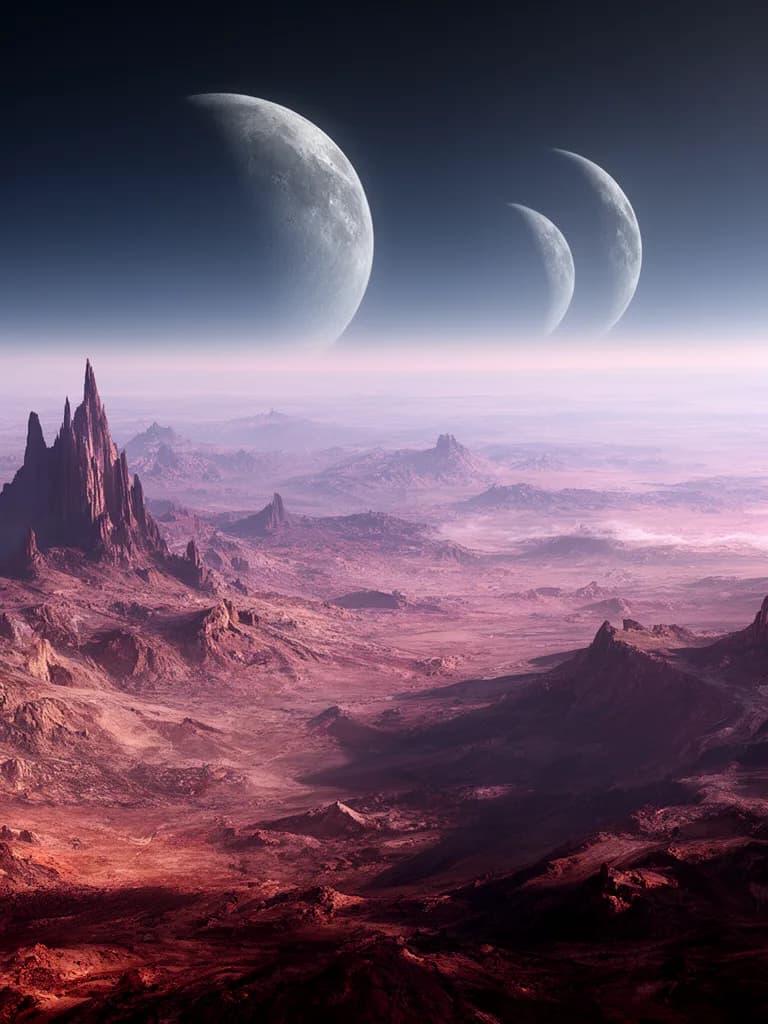 Epic landscape of an alien planet with two moons rising