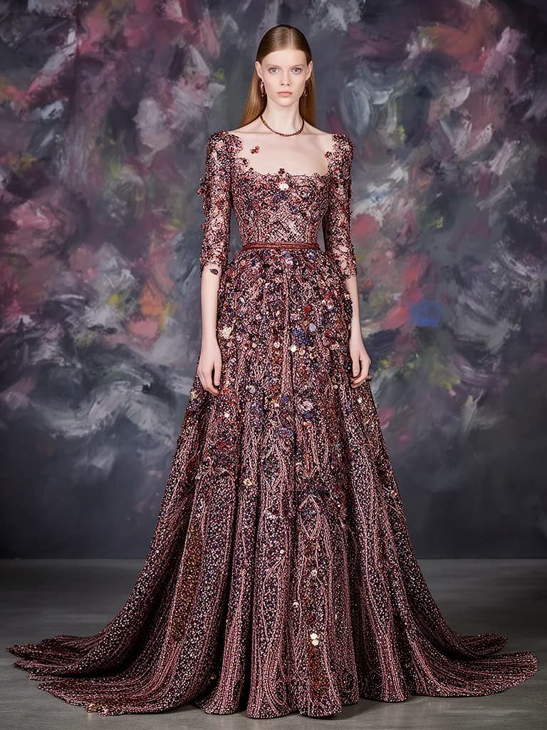 Fashion model in haute couture against abstract background