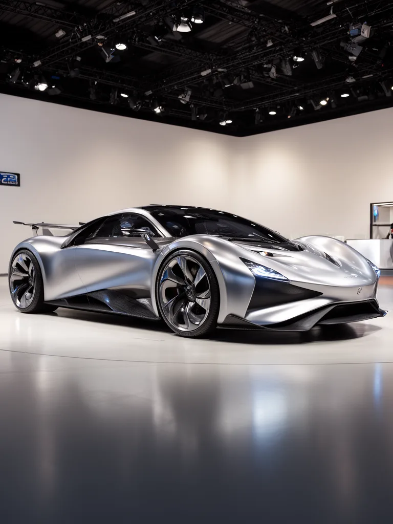 Photorealistic render of a futuristic sports car in showroom