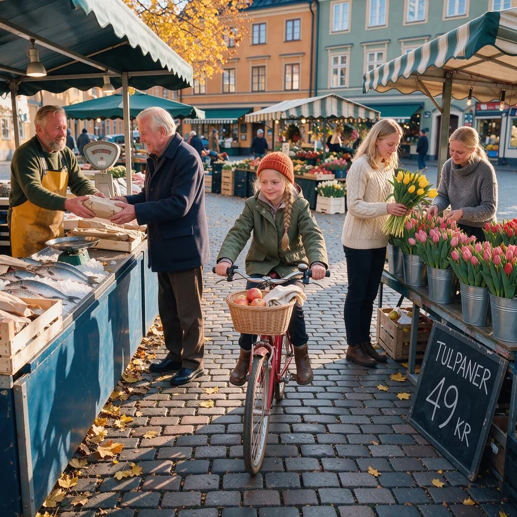 Swedish market square on an autumn morning: a fishmonger hands a parcel to an older man on the left, a girl on a red bicycle in the center, a chalkboard reading "TULPANER 49 KR" on the right