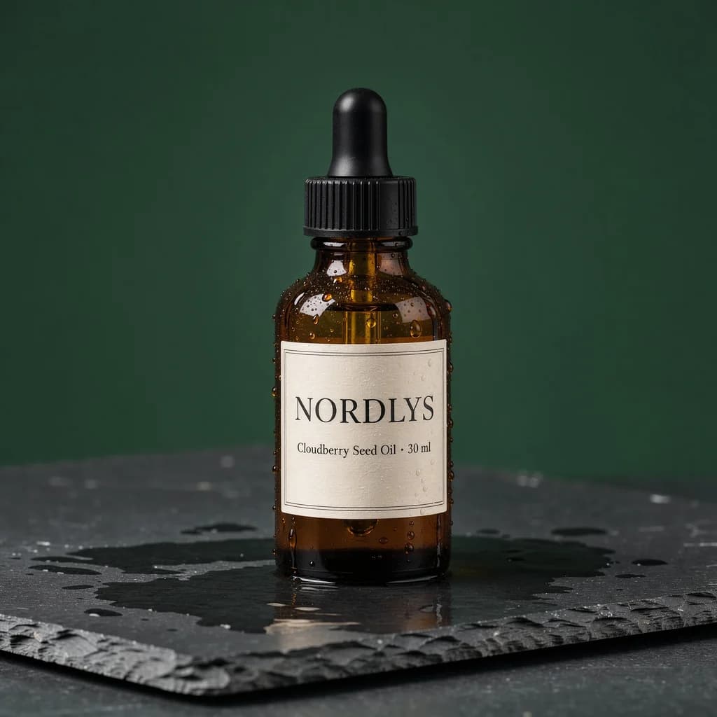 Amber dropper bottle on wet slate with a cream label reading "NORDLYS — Cloudberry Seed Oil · 30 ml", forest-green backdrop