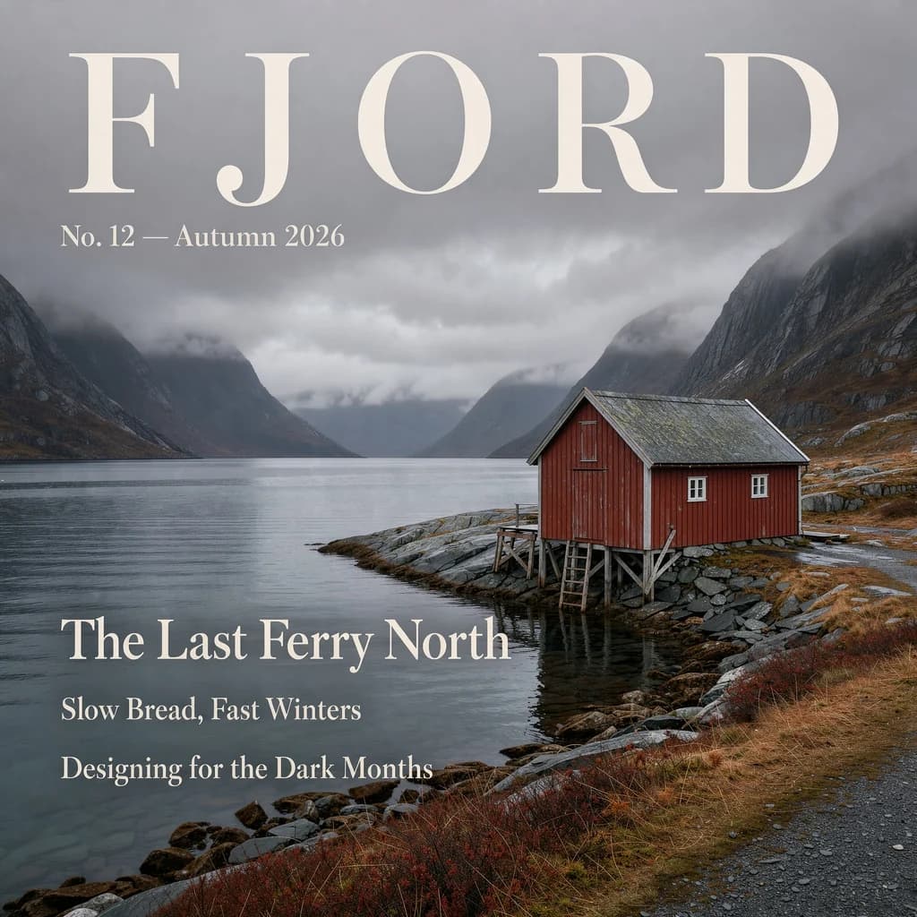 Travel magazine cover with the masthead "FJORD", issue line "No. 12 — Autumn 2026" and three cover lines over a red boathouse on a grey fjord