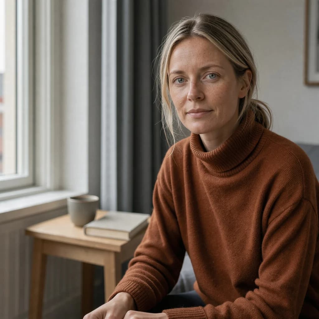 Editorial portrait of a Norwegian woman in a rust wool turtleneck by a tall Copenhagen window, soft overcast light, 85mm