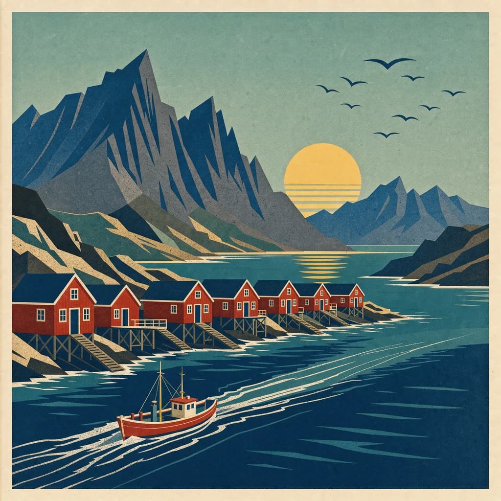 Mid-century flat vector illustration of the Lofoten islands at dusk, red cabins on stilts, a fishing boat, a pale yellow sun, risograph grain