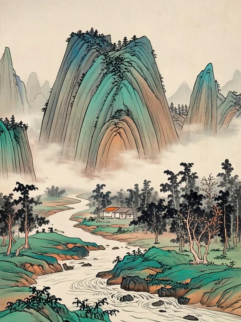 Traditional Chinese landscape painting with mountains and mist