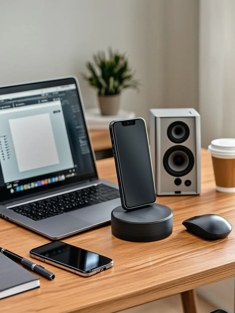 Product photography of tech gadgets on a clean desk setup
