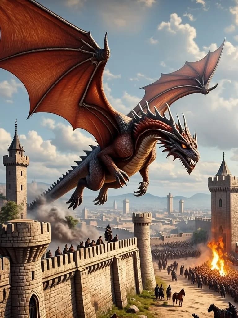 Fantasy illustration of a dragon flying over ancient city walls