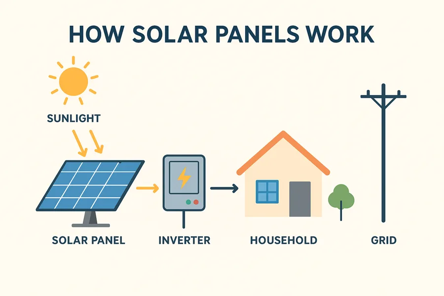 Infographic-style illustration explaining how solar panels work