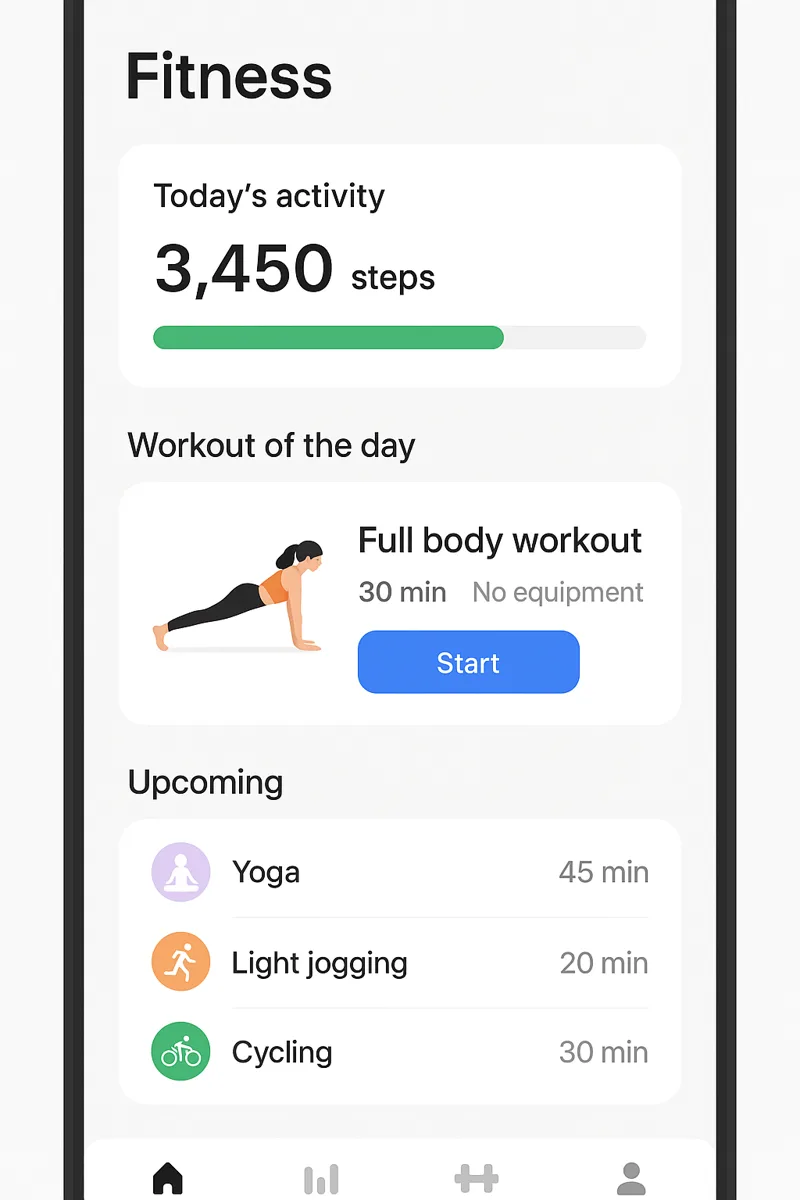 Clean UI mockup of a mobile fitness app