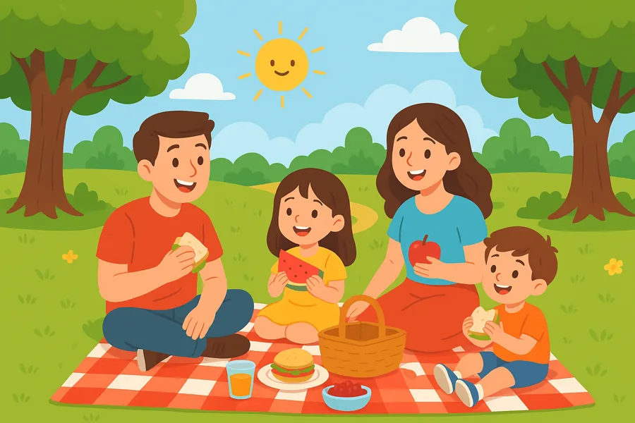 Cheerful illustration of a family having a picnic in a park