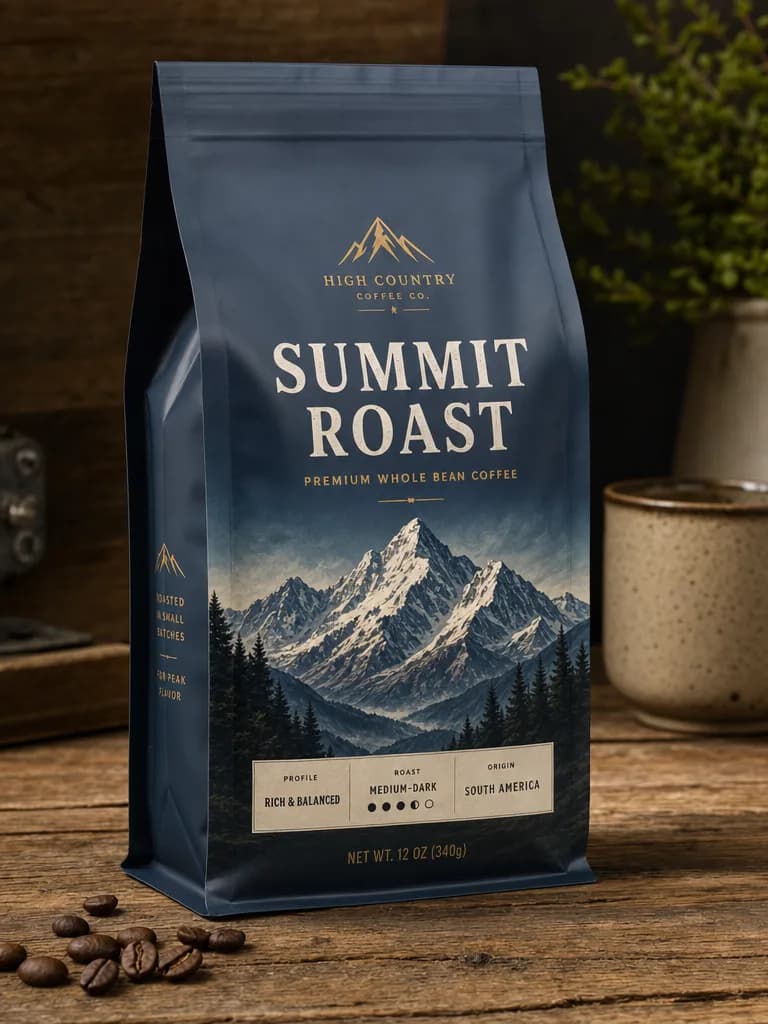 A product photo of a coffee bag labeled "Summit Roast" with mountain artwork, on a rustic wooden table