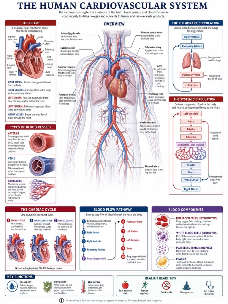 A detailed scientific infographic of the human cardiovascular system with labeled diagrams, annotations, and flow charts