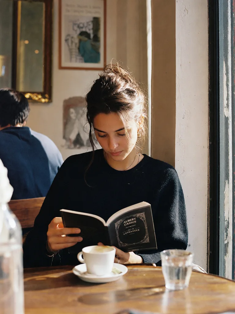 Photorealistic 35mm film photograph of a young woman reading in a sunlit café, shallow depth of field, warm tones