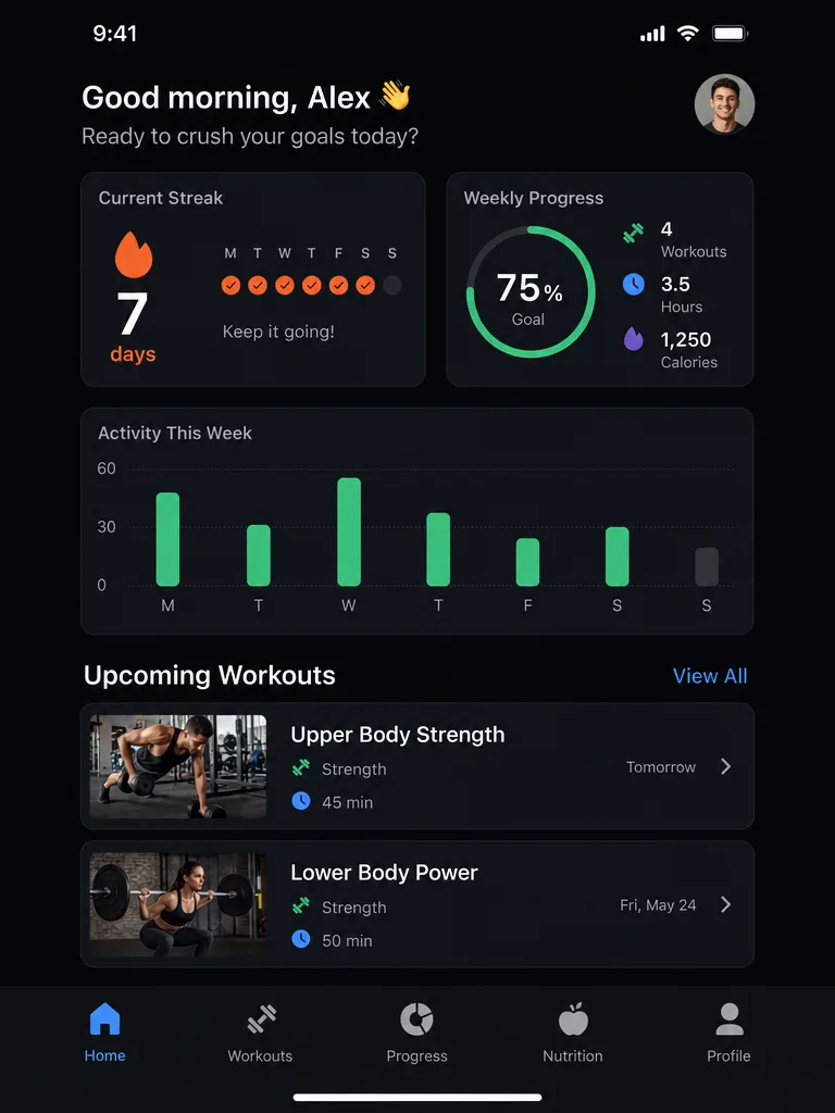 A pixel-perfect recreation of a mobile fitness app UI with navigation bar, progress charts, and workout cards