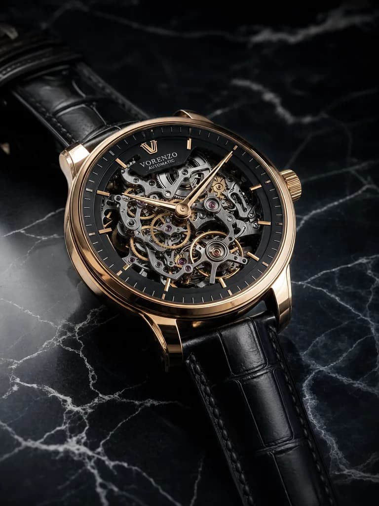 Studio product shot of a luxury watch with visible mechanical movement, dramatic side lighting on dark marble