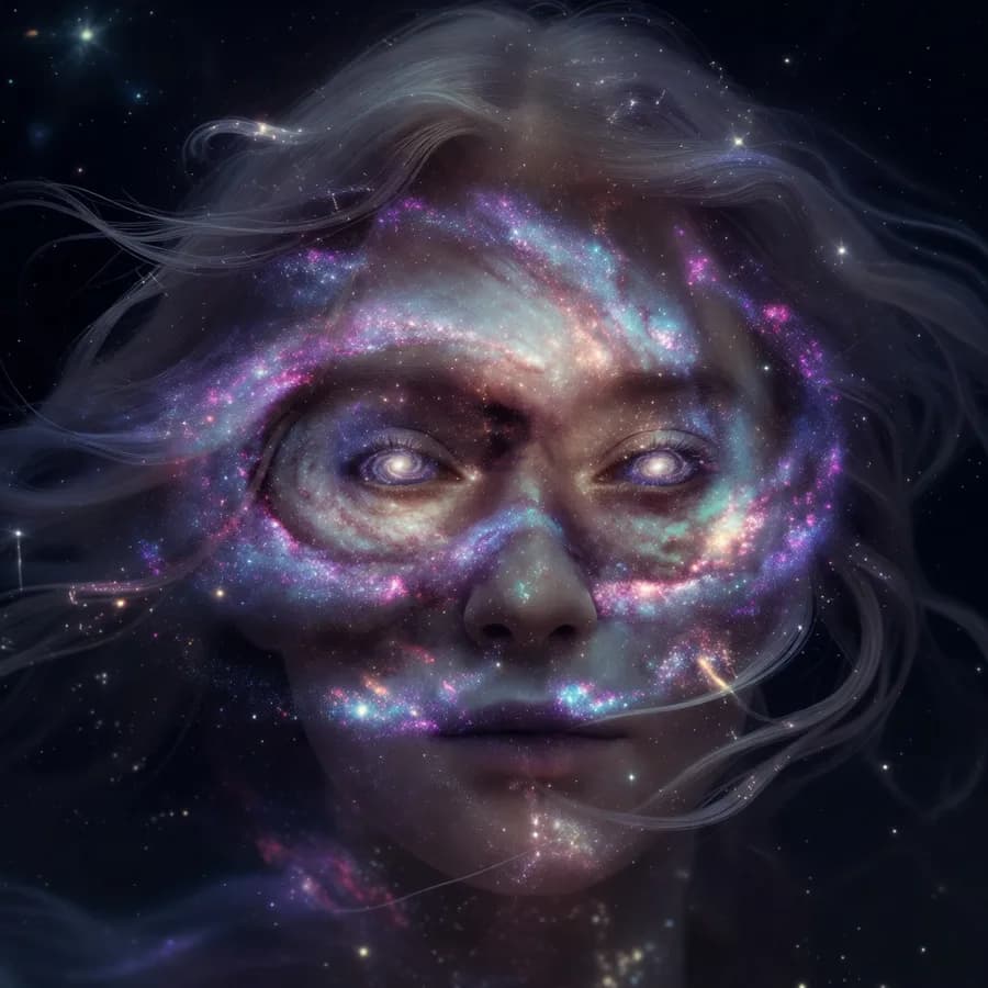 Surreal portrait blending human features with galaxy textures