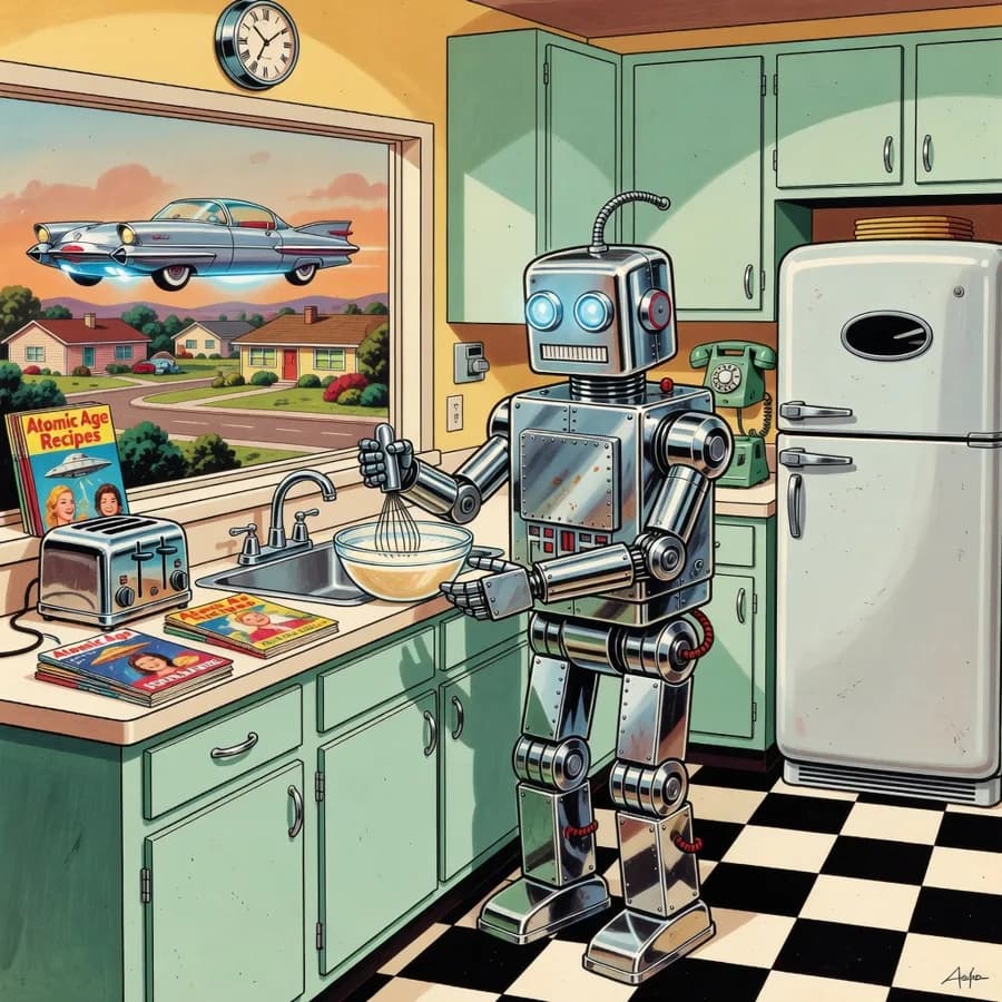 Retro sci-fi illustration of a robot in a 1950s kitchen