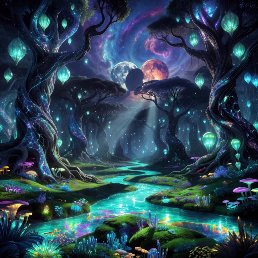 Dramatic panoramic landscape of a bioluminescent alien forest
