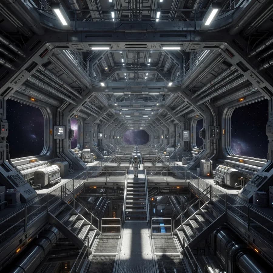Ultra-wide cinematic shot of a space station interior
