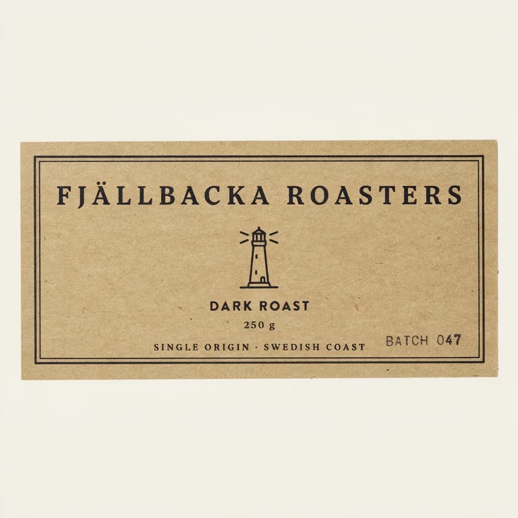 Kraft paper coffee bag label reading "Fjällbacka Roasters — Dark Roast — 250 g" with a small line-drawn lighthouse
