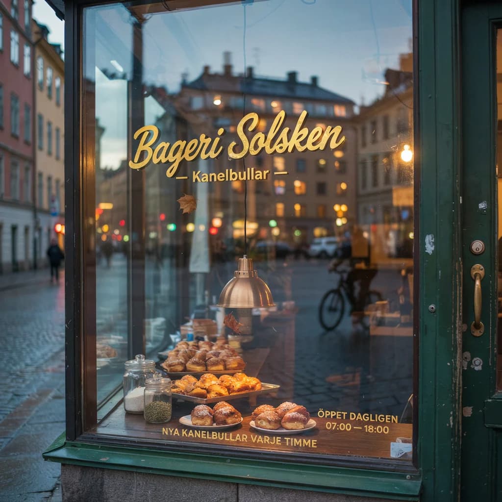 Storefront window in Stockholm at dusk with gold vinyl lettering reading "Bageri Solsken — Kanelbullar"