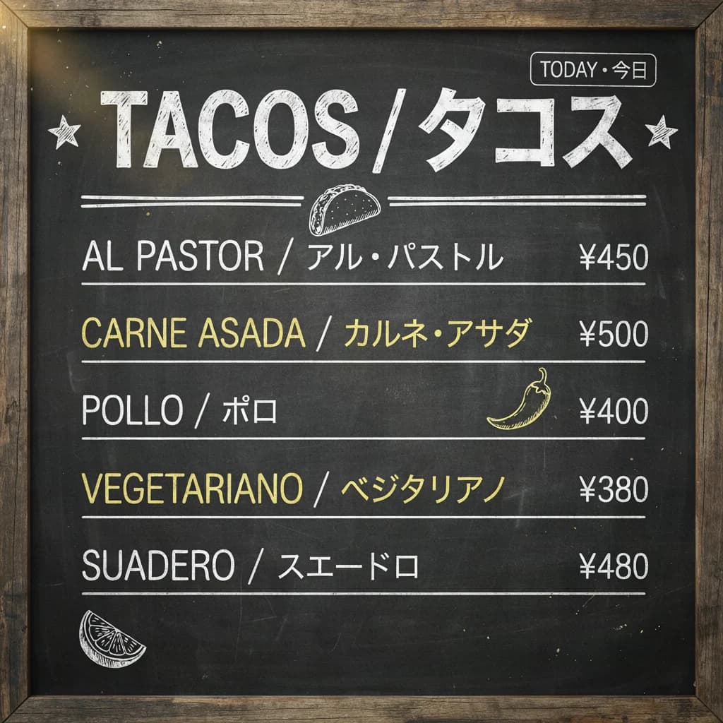 Bilingual street-food menu board reading "TACOS / タコス" with five priced items in chalk lettering