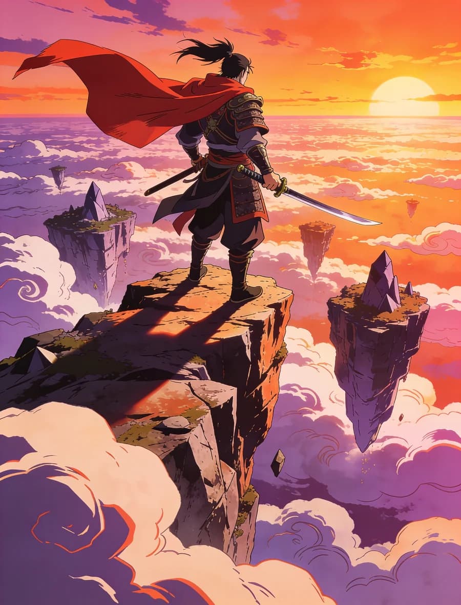 A manga panel of a stoic samurai overlooking a neon cyberpunk city at dusk