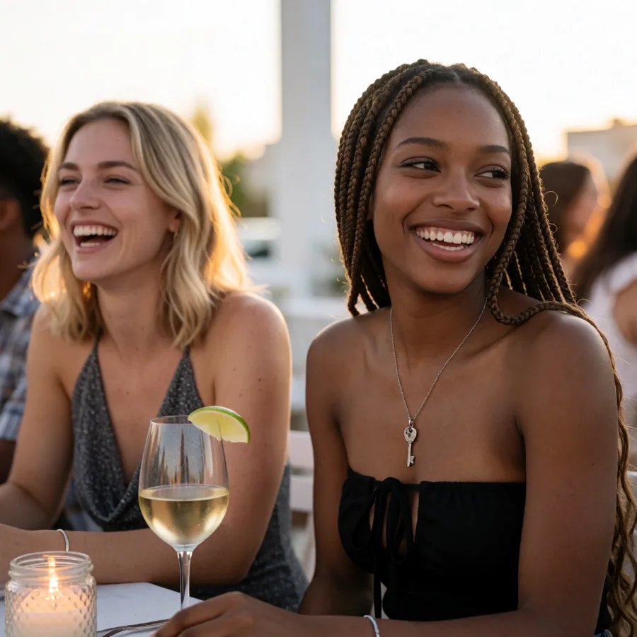 Candid lifestyle photo of friends laughing at a rooftop dinner party, golden hour