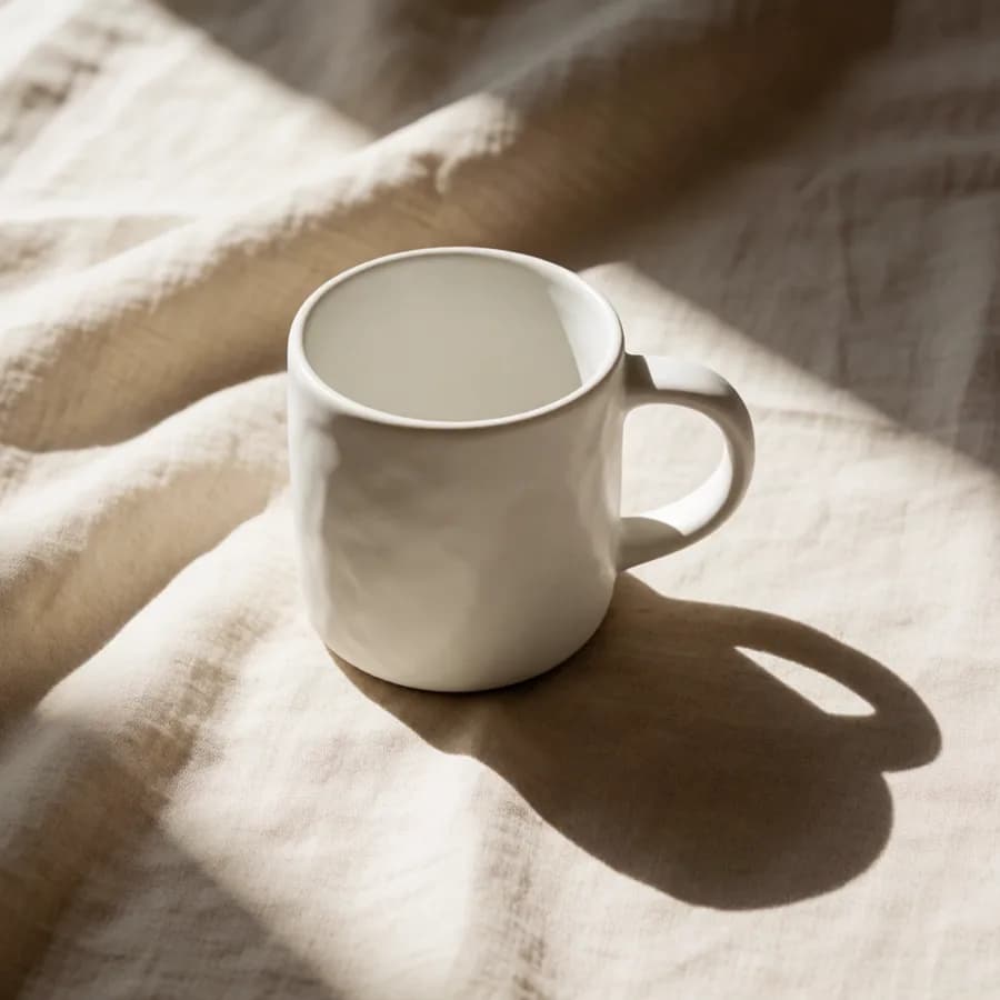 Minimal product shot of a ceramic coffee mug on warm linen, soft morning light
