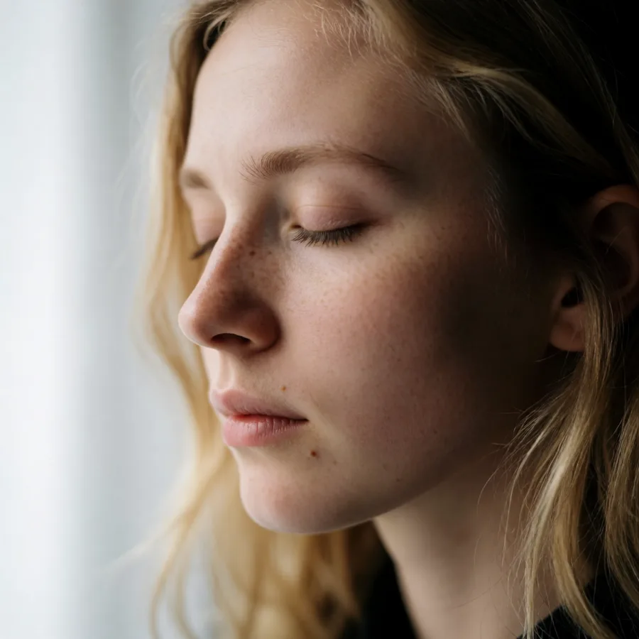 Portrait of a young woman with freckles in diffused window light, natural skin texture