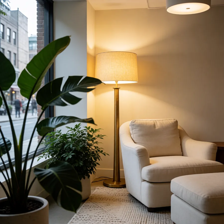 Cozy reading nook with plants and warm lamp light, editorial interior photography