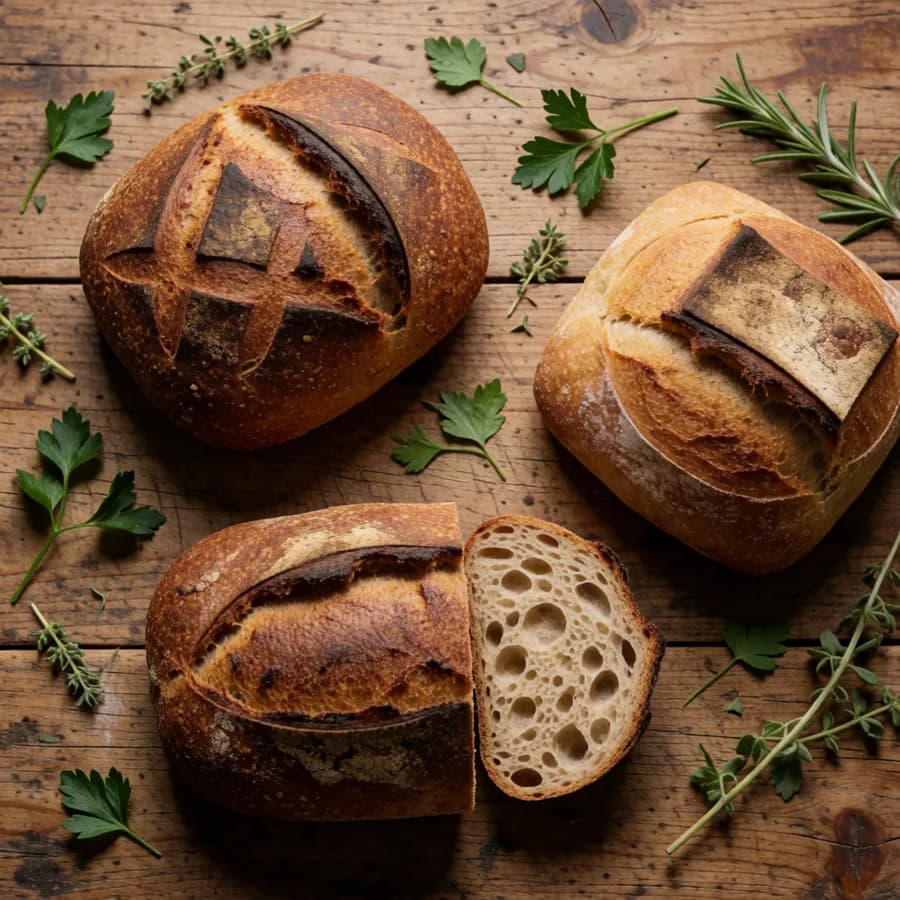 Top-down flat lay of fresh sourdough bread and herbs on a rustic wooden table
