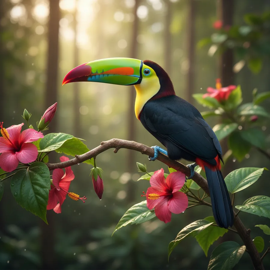 Vibrant tropical bird perched on a flowering branch