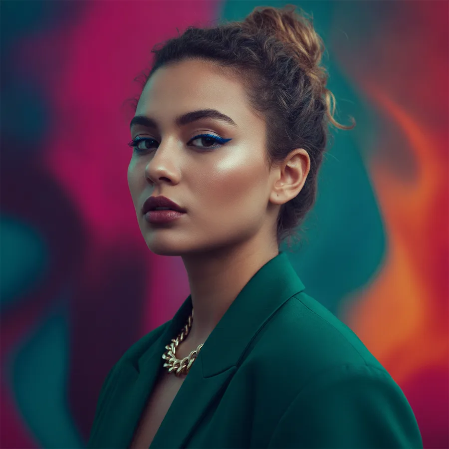 Modern portrait with bold color grading and shallow depth of field